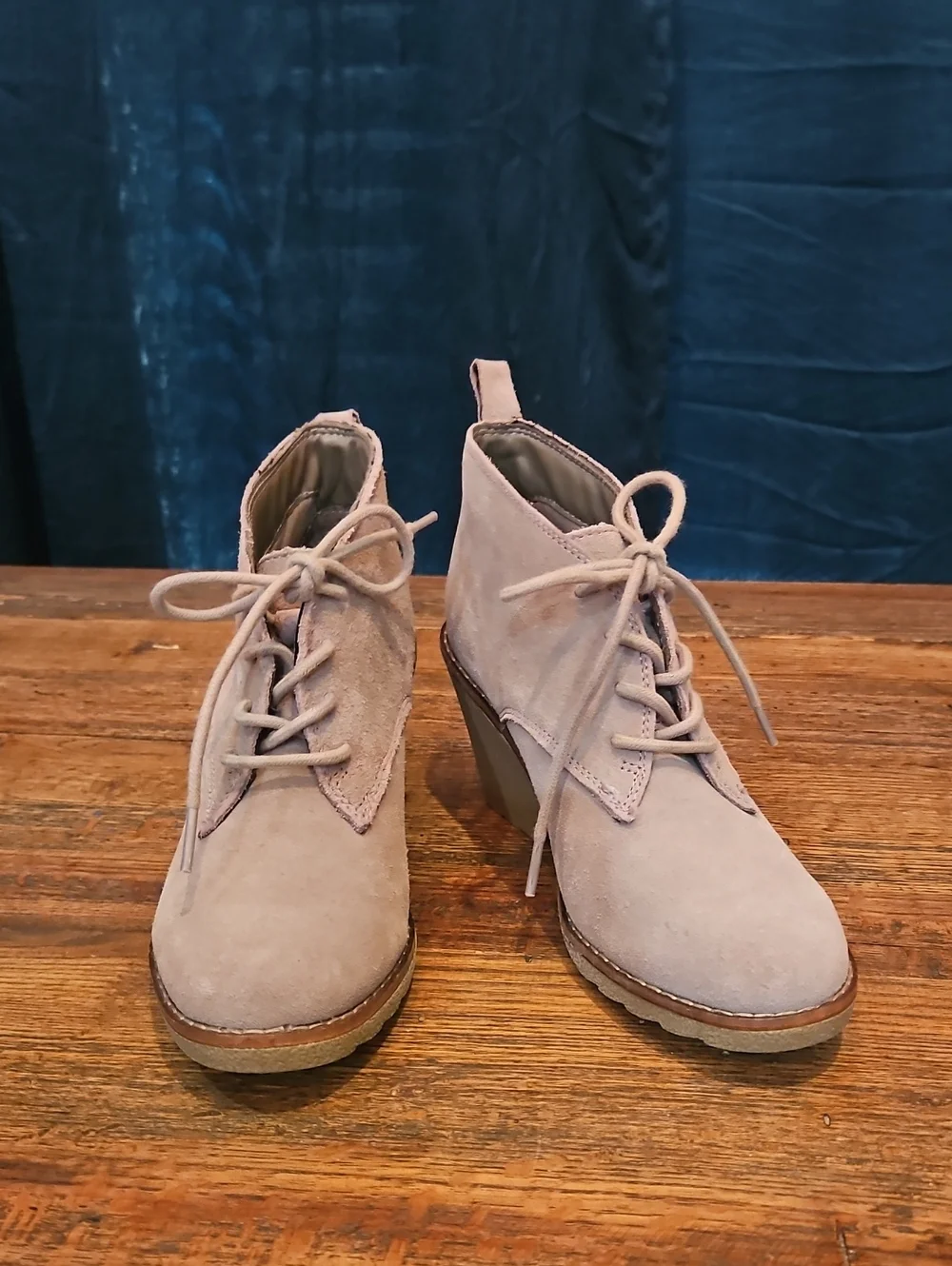 Sonoma Taupe Suede Genuone Leather‎ Lace-Up Wedge Booties